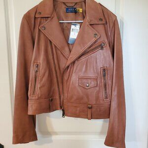 NWT Polo Ralph Lauren Women's Lambskin Leather Moto Jacket $698 Polo Brown sz 10